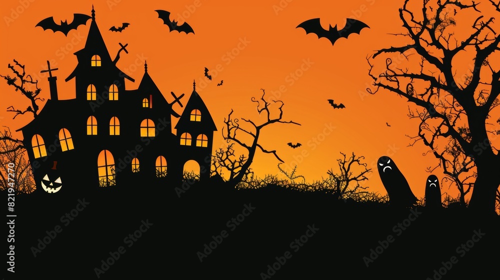 Eerie halloween scene  pumpkins, bats, ghosts, and haunted house on vibrant orange background