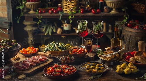 A rustic Spanish tapas bar with an assortment of small dishes and a glass of sangria, with traditional decorations and a lively ambiance