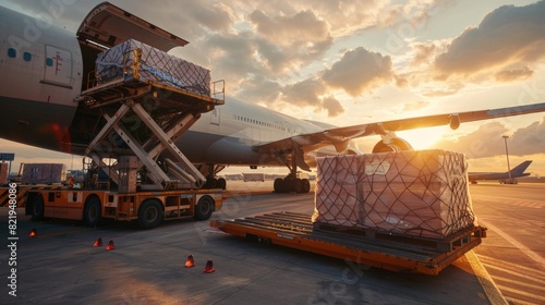 A large cargo plane being loaded with freight containers at an airport, demonstrating the critical role of air transport in international logistics for fast and reliable shipping