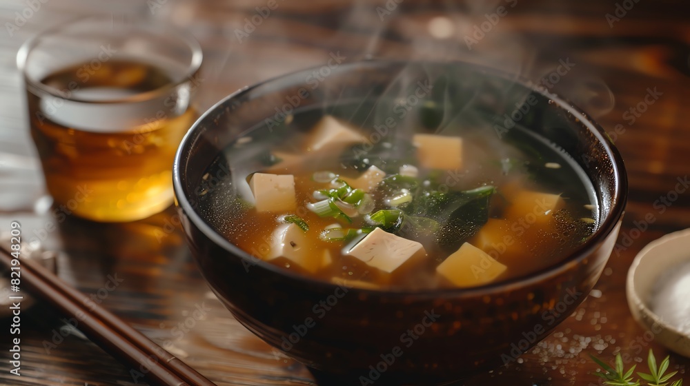A serving of Japanese miso soup with a glass of sake A serving of Japanese miso soup with a glass of sake