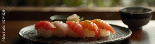 A beautiful crafted sushi platter with a variety of freshneta(neta) atop perfectly formedYadoru Li (shari) photo