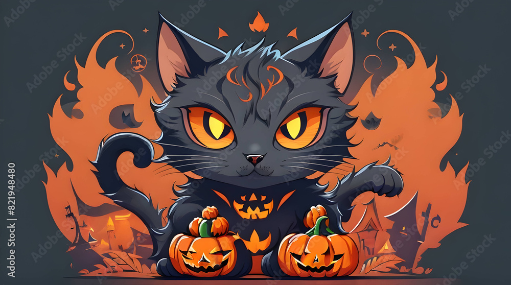 A scary cat Halloween character, fantasy, vector art, flat design, Ultra high details A scary cat Halloween character, fantasy, vector art, flat design, Ultra high details