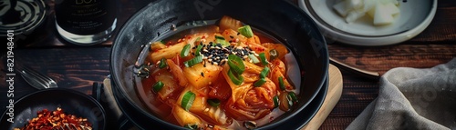 A serving of Korean kimchi stew with a glass of soju photo
