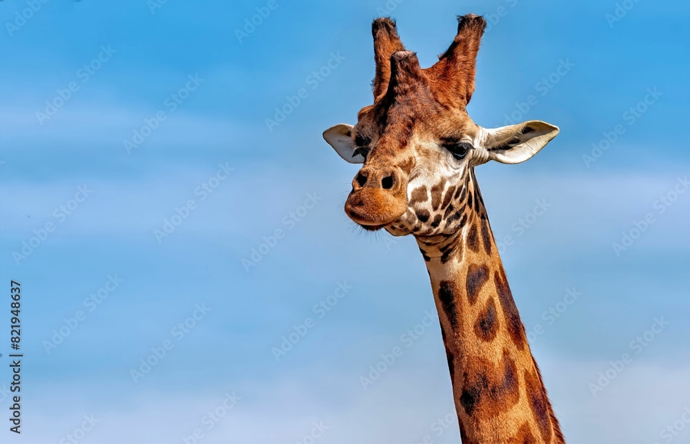 Fototapeta premium Majestic spotted giraffe a bright blue sky backdrop