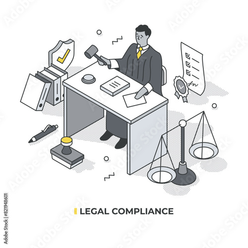 Isometric illustration of legal compliance featuring scales of justice, documents with checklists, and a judge at a table with a gavel, emphasizing law, and business policies