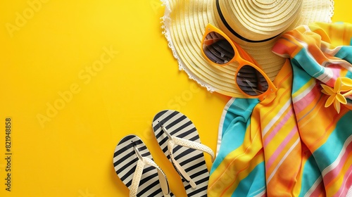 Beach accessories on a yellow background, sunglasses, towel, sandals and striped hat. summer concept photo