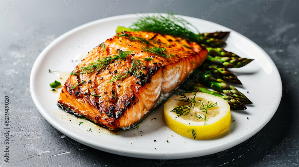 Grilled salmon fillet with lemon dill sauce and roasted asparagus on a white plate. Grilled salmon fillet with lemon dill sauce and roasted asparagus on a white plate.