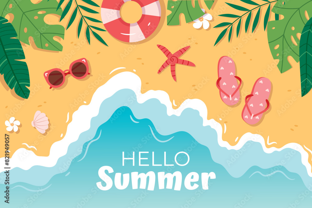 Vector summer beach with beach umbrellas, waves, coconut tree and  inflatable circle, flip-flops, glasses, seashells. Inscription hello summer.