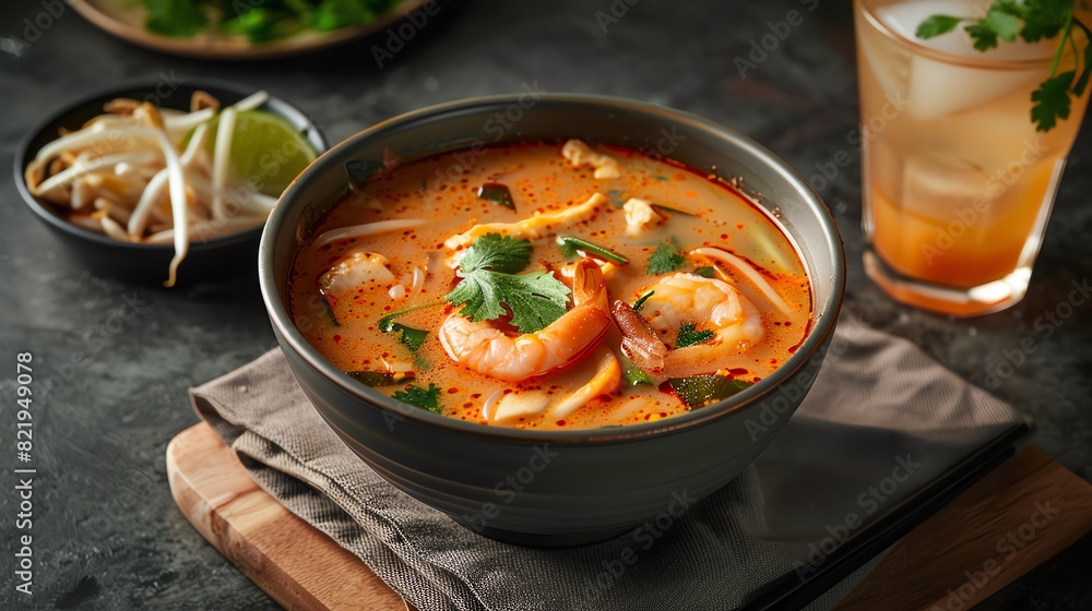 A bowl of Tom Yum soup with shrimp, mushrooms, and cilantro. The soup is served in a black bowl and is garnished with lime wedges and bean sprouts.