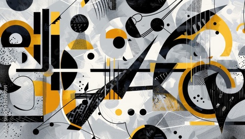 Geometric Abstract Art in Monochrome with Yellow Highlight