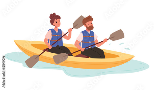 People enjoy active water sports vector illustration.Extreme man and woman rafting  kayaking  canoeing and sailing isolated. Diverse person in protective vest