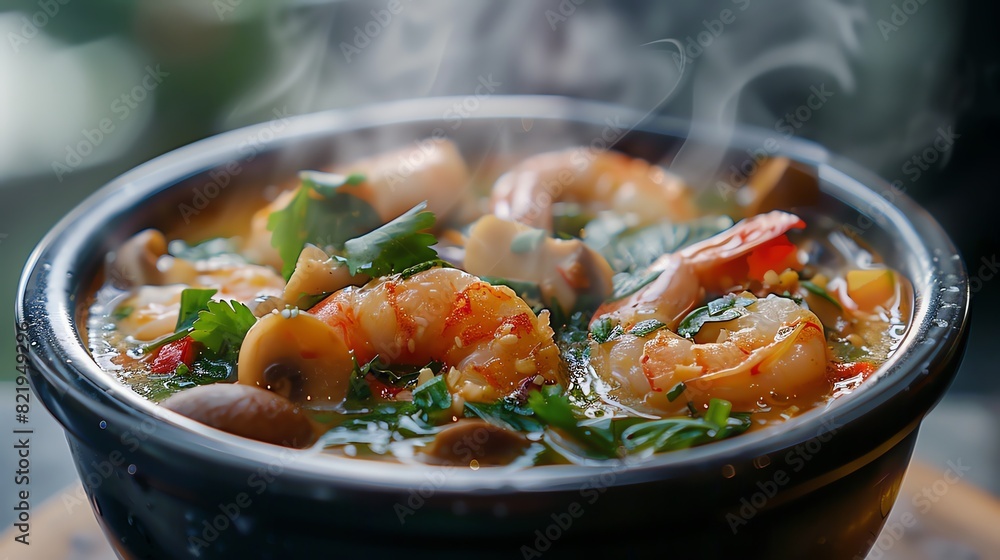 A steaming bowl of Tom Yum soup with shrimp, mushrooms, and cilantro. The soup is served in a black bowl and is garnished with green onions. A steaming bowl of Tom Yum soup with shrimp, mushrooms, and cilantro. The soup is served in a black bowl and is garnished with green onions.