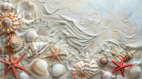 Liquid art event featuring macro photography of seashells, starfish, and arthropods on sandy beach. Patterns inspired by carmine petals and fictional characters in peach hues AIG50 photo