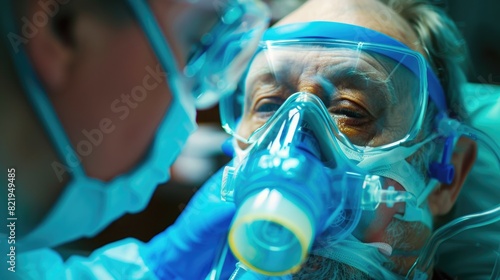A man wearing a mask and breathing apparatus, suitable for medical or industrial concepts © Fotograf