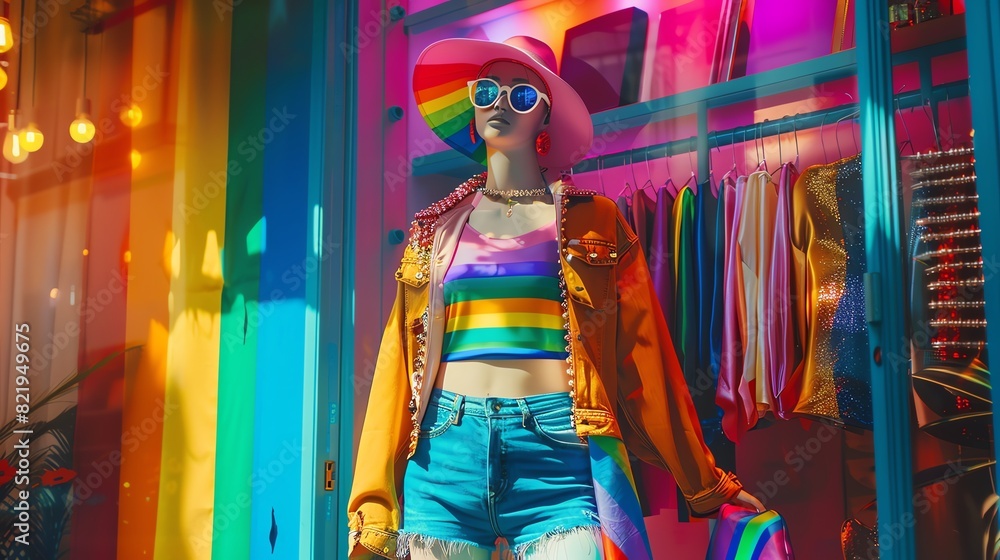 Obraz premium A stylish Pridethemed outfit display in a boutique window with rainbow accessories and decor