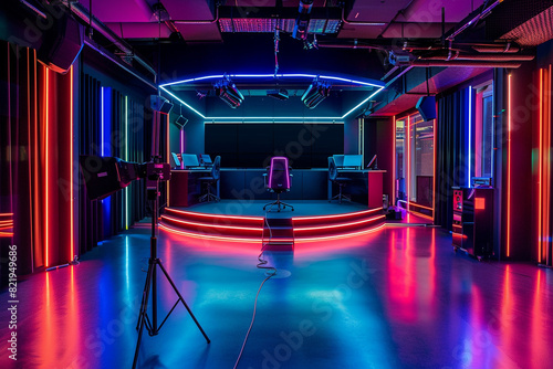Ultramodern studio space with a dark  glossy black area  highlighted by multicolored neon accents  creating a dynamic  energetic environment 