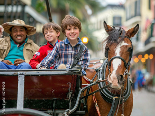 A happy family enjoys a leisurely ride in a horsedrawn carriage on a sunny day. photo