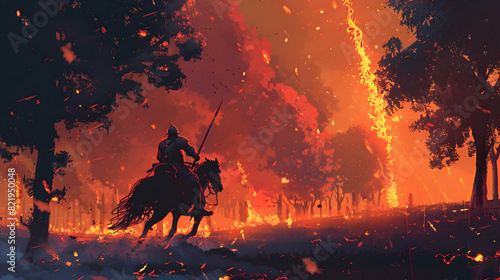 The knight with spear riding a horse through the fire forest, digital art style, illustration painting photo