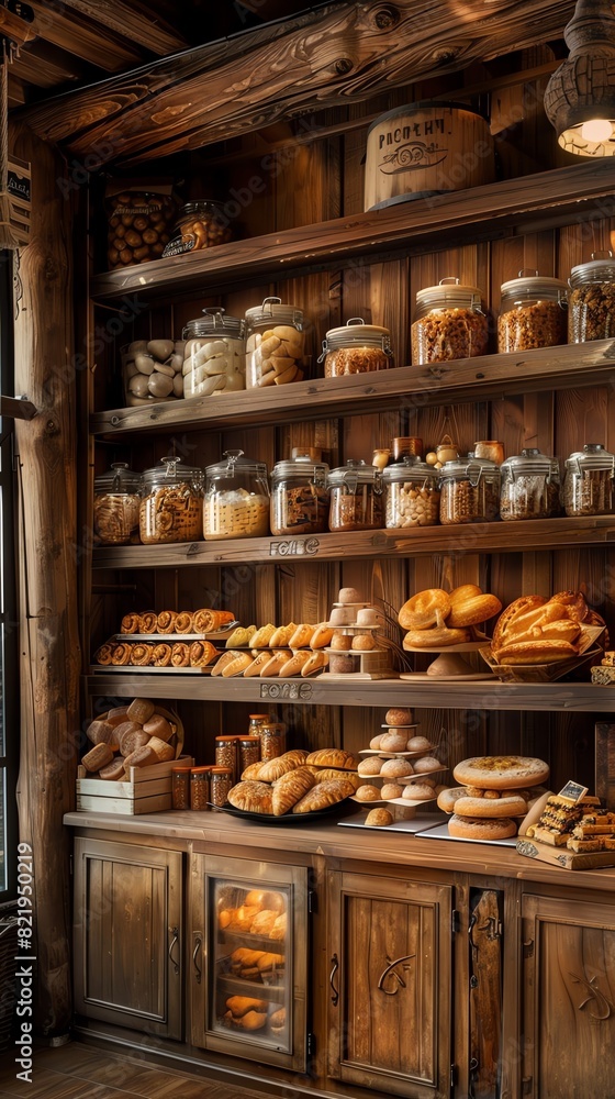A traditional Russian bakery featuring pirozhki and honey cakes, with a warm and inviting atmosphere and wooden shelves A traditional Russian bakery featuring pirozhki and honey cakes, with a warm and inviting atmosphere and wooden shelves