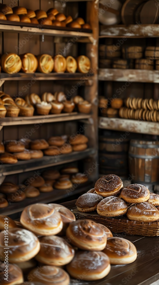 A traditional Russian bakery featuring pirozhki and honey cakes, with a warm and inviting atmosphere and wooden shelves