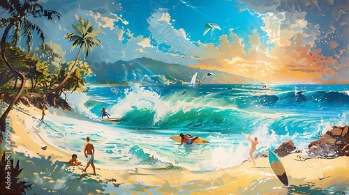 Vibrant beach scene with surfers riding waves and children playing in the sand, capturing the lively spirit of coastal living. photo
