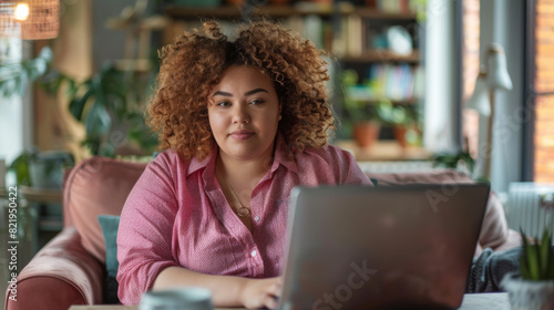 Portrait of a young plus size woman working on a laptop while sitting on the couch at home. African American woman working remotely. Freelancing, technology concept.