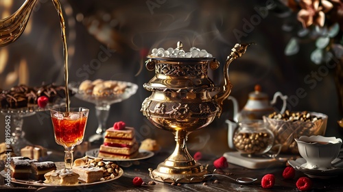 An exquisite golden samovar sits atop a table, adorned with ornate designs and filled with steaming hot tea