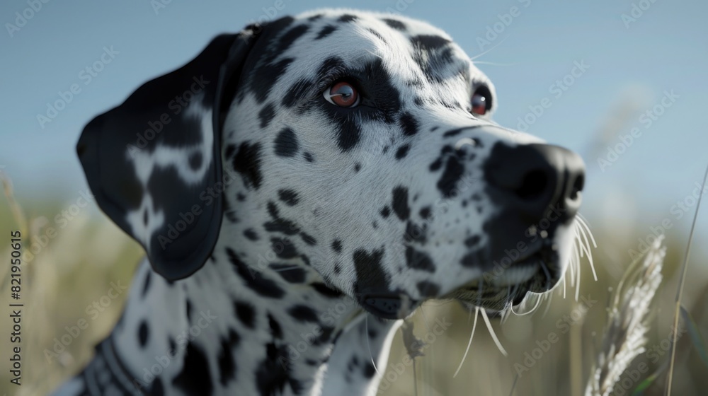 Naklejka premium Close-up of a dalmatian dog in a beautiful field. Perfect for pet lovers or animal-themed projects
