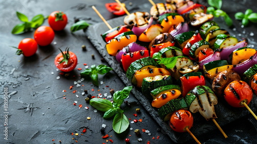 Grilled vegetable kebabs with cherry tomatoes, bell peppers, zucchini, and mushrooms on skewers. photo