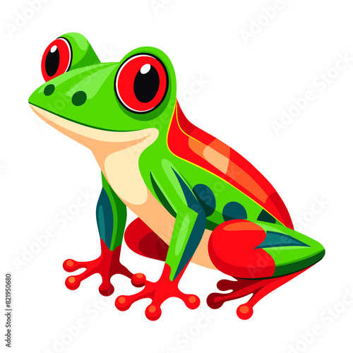 Cute cartoon green tree frog with big red eyes sitting and smiling