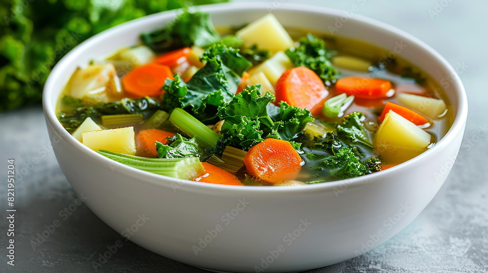 Hearty vegetable soup with carrots, celery, potatoes, and kale in a white bowl. Hearty vegetable soup with carrots, celery, potatoes, and kale in a white bowl.