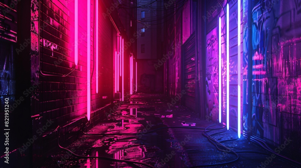A dark alley with bright neon pink and blue lights reflecting off the wet pavement