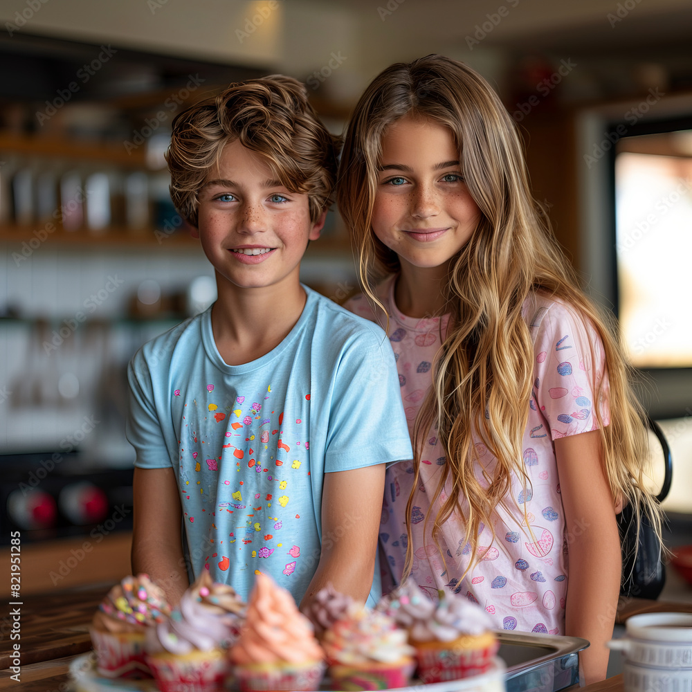 Fototapeta premium Boy and girl in kitchen with freshly baked cupcakes, sharing joyful moment. Family cooking concept