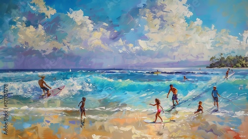 Vibrant beach scene with surfers riding waves and children playing in the sand, capturing the lively spirit of coastal living. photo