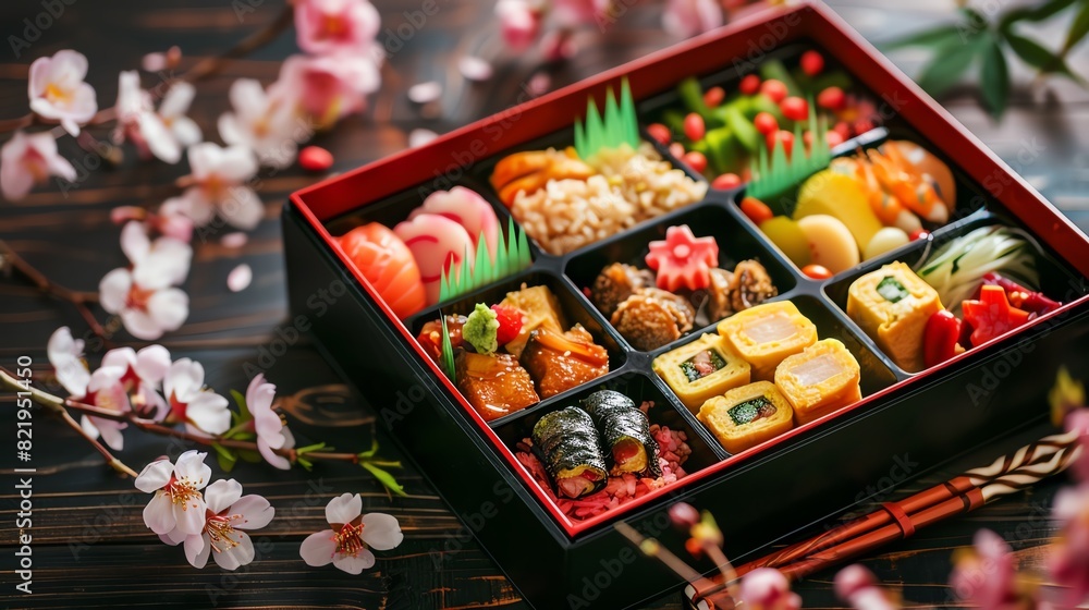 Fototapeta premium A vibrant Japanese bento box filled with assorted snacks, arranged on a traditional wooden table, with delicate cherry blossoms in the background