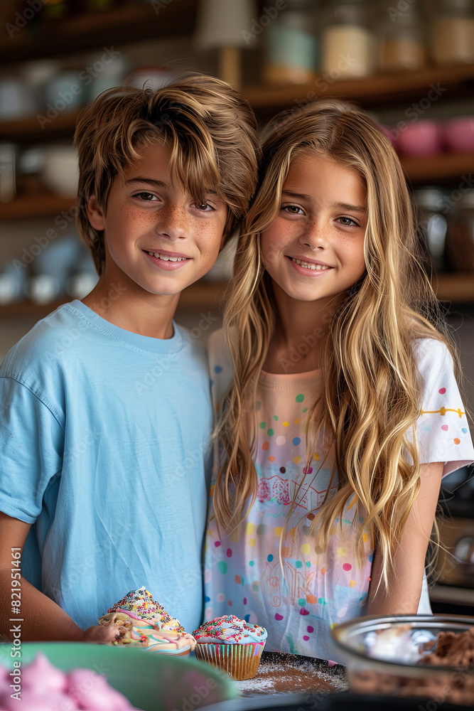 Fototapeta premium Boy and girl in kitchen with freshly baked cupcakes, sharing joyful moment. Family cooking concept