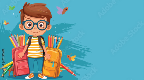 Little boy with pencil cases on blue background Vector