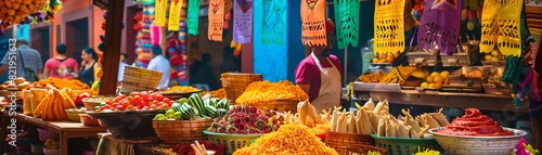 A vibrant Mexican market stall selling fresh tamales, with colorful papel picado decorations and bustling marketgoers in the background photo