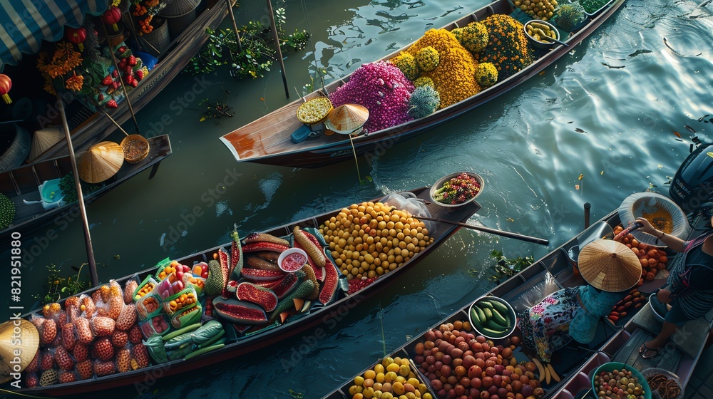 Fototapeta premium A vibrant scene of a floating market in Thailand, with vendors selling fresh fruits and Thai snacks from their boats