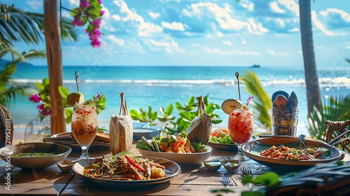 A vibrant scene of a Thai beachside restaurant with a table set with various seafood dishes and fresh coconut drinks, overlooking the ocean photo