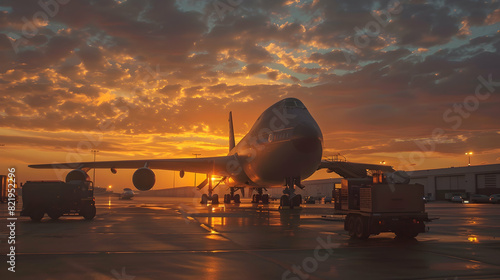 The warm glow of sunset envelops a military aircraft parked at the airport, depicting a scene of dusk preparation...