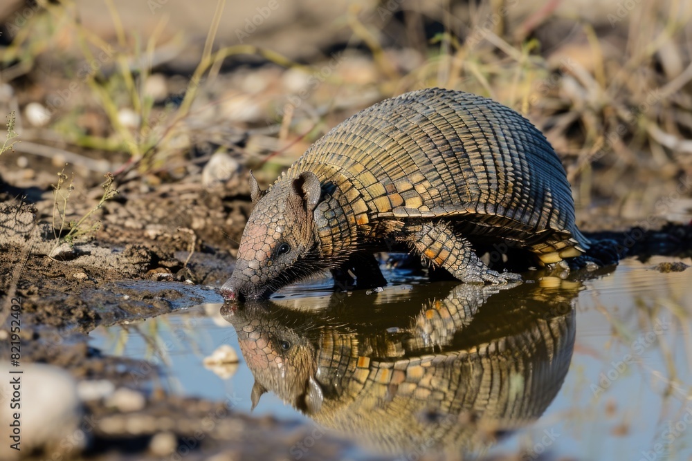 Obraz premium An armadillo drinking water from a puddle. Suitable for nature and wildlife themes