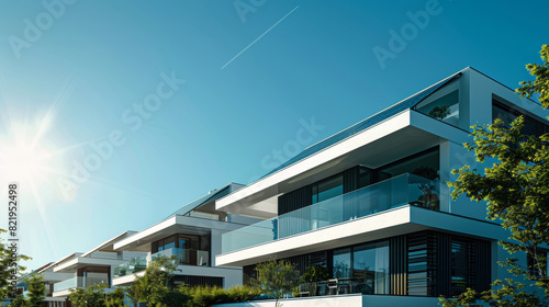 Modern architecture embraces renewable energy with rooftop solar panels, captured in this photo of sunlit homes against a clear blue sky. © GENi