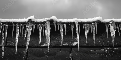 Black and white photo of icicles hanging from a roof. Suitable for winter weather concepts