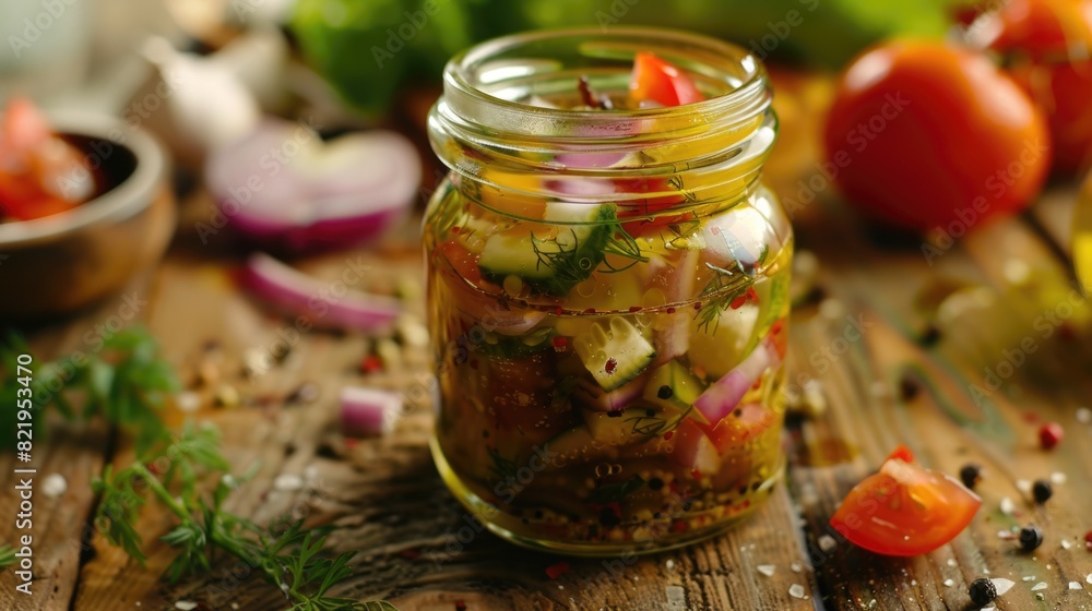 A jar of pickled vegetables on a table, perfect for food and cooking concepts A jar of pickled vegetables on a table, perfect for food and cooking concepts