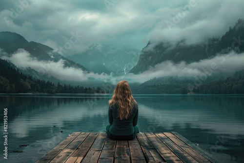 A woman sitting on a dock by a serene lake, suitable for travel and relaxation concepts