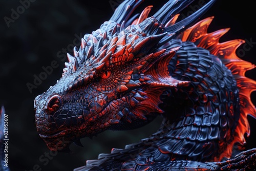 Detailed close-up of a red and black dragon statue. Perfect for fantasy-themed designs