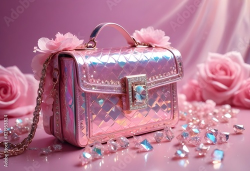 Holograficzny różowy ekskluzywny kuferek torebka ze skóry naturalnej i diamentami. Diamenty i kwiaty dookoła torebki