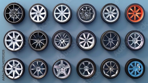 Different types of wheels mounted on a wall. Can be used for industrial or transportation concepts © Fotograf