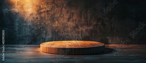 Wooden platform on rustic background with light. photo
